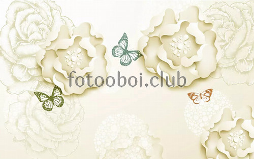 пионы, цветы, бабочки, узор, светлые, 3д, 3d